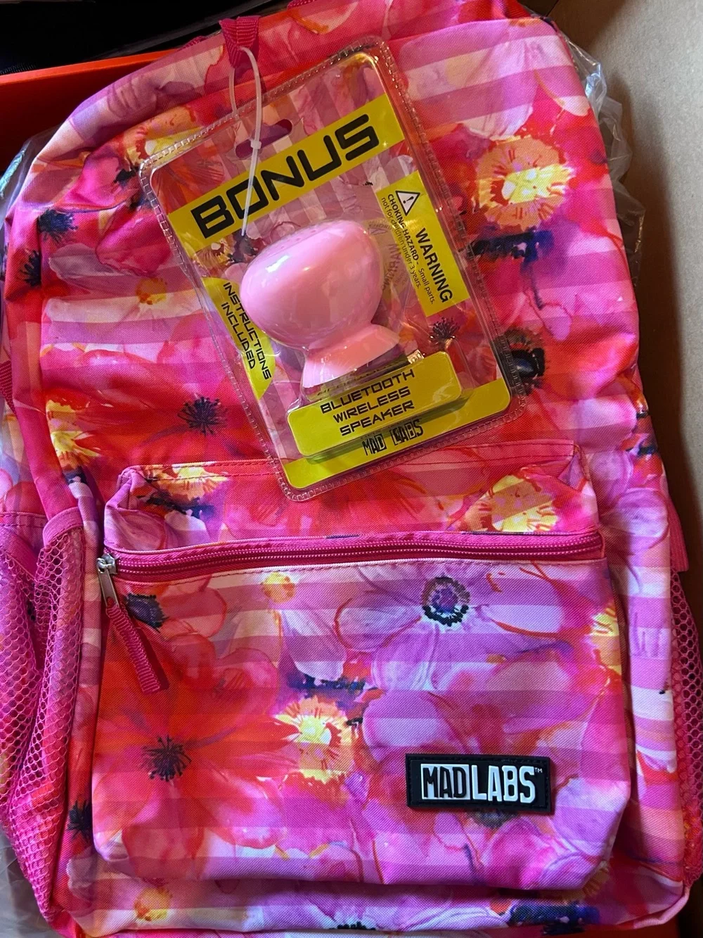 Pink Floral Kids Backpack with Bonus Pink Bluetooth Speaker